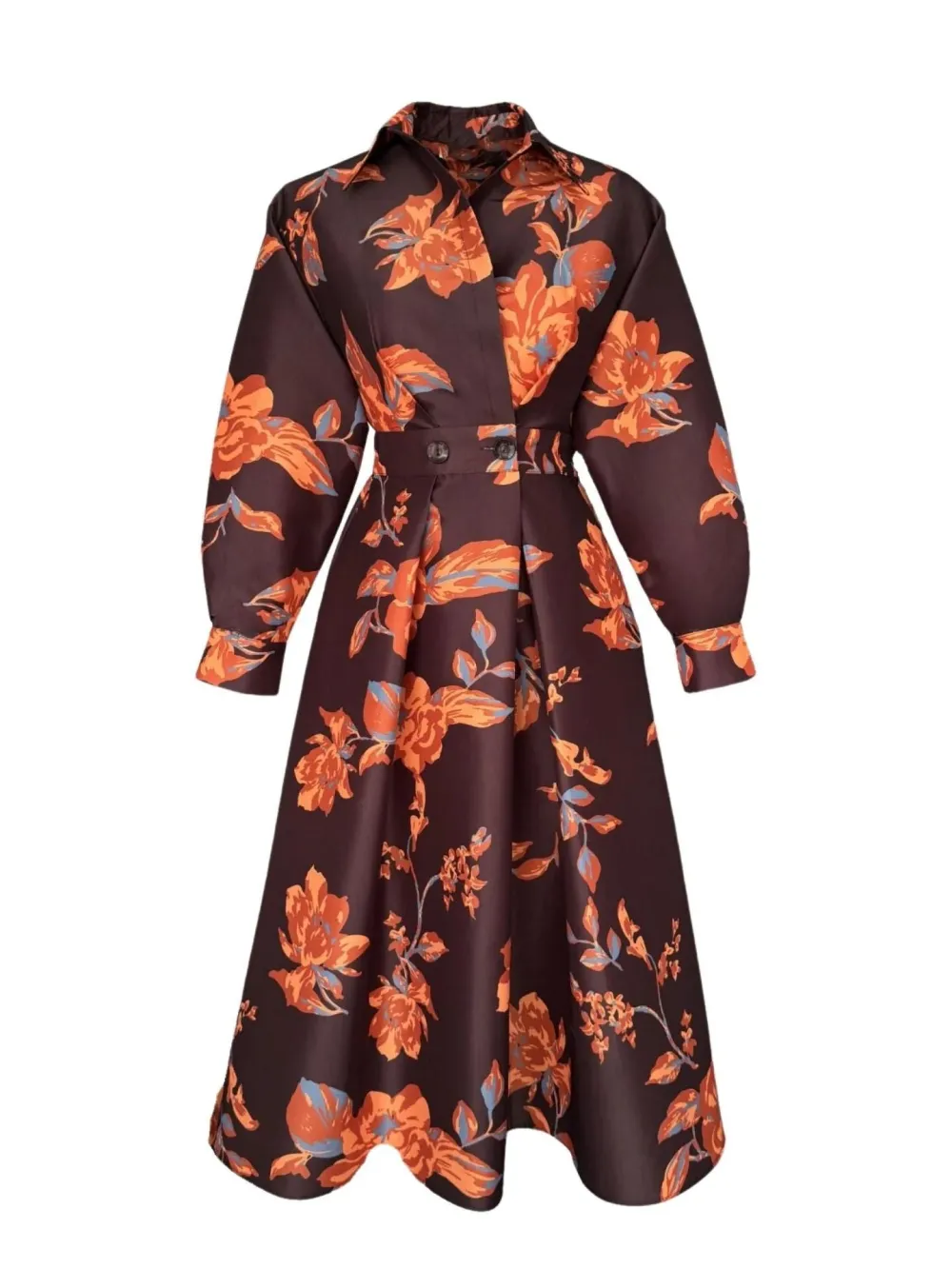 Retro Lapel Floral Print Flared Midi Dress