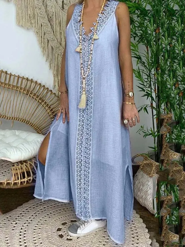 Women Solid Color Lace Trim V-Neck Sleeveless Casual Dresses