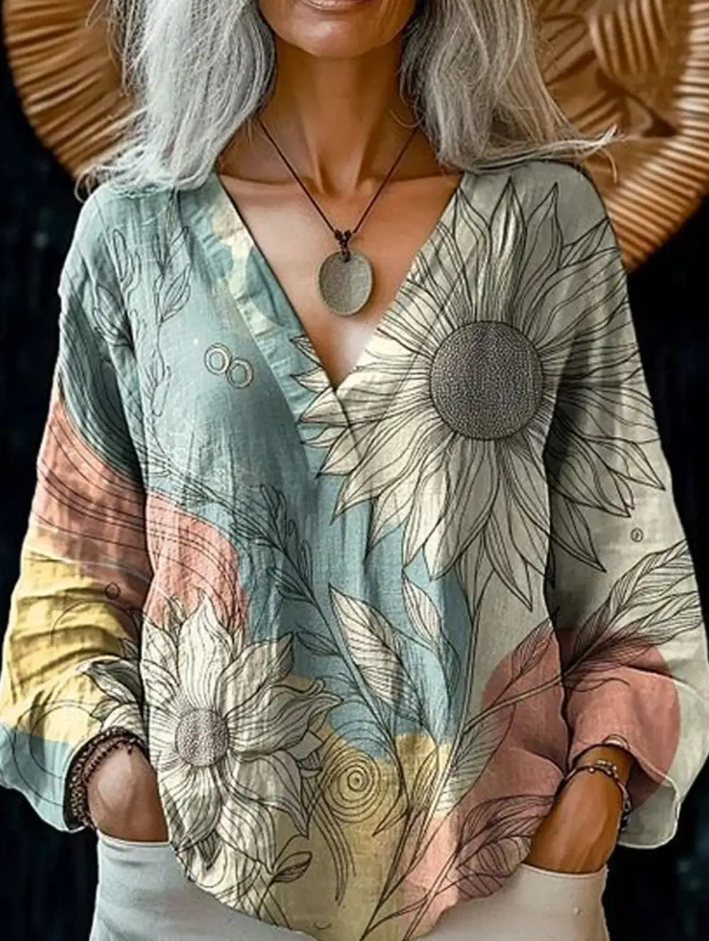 Printed V-Neck Long-Sleeved Pullover Shirt