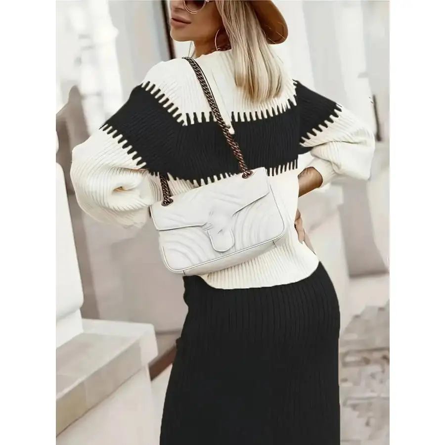 Two Tone Ribbed Knit Top and Skirt Sweater Set
