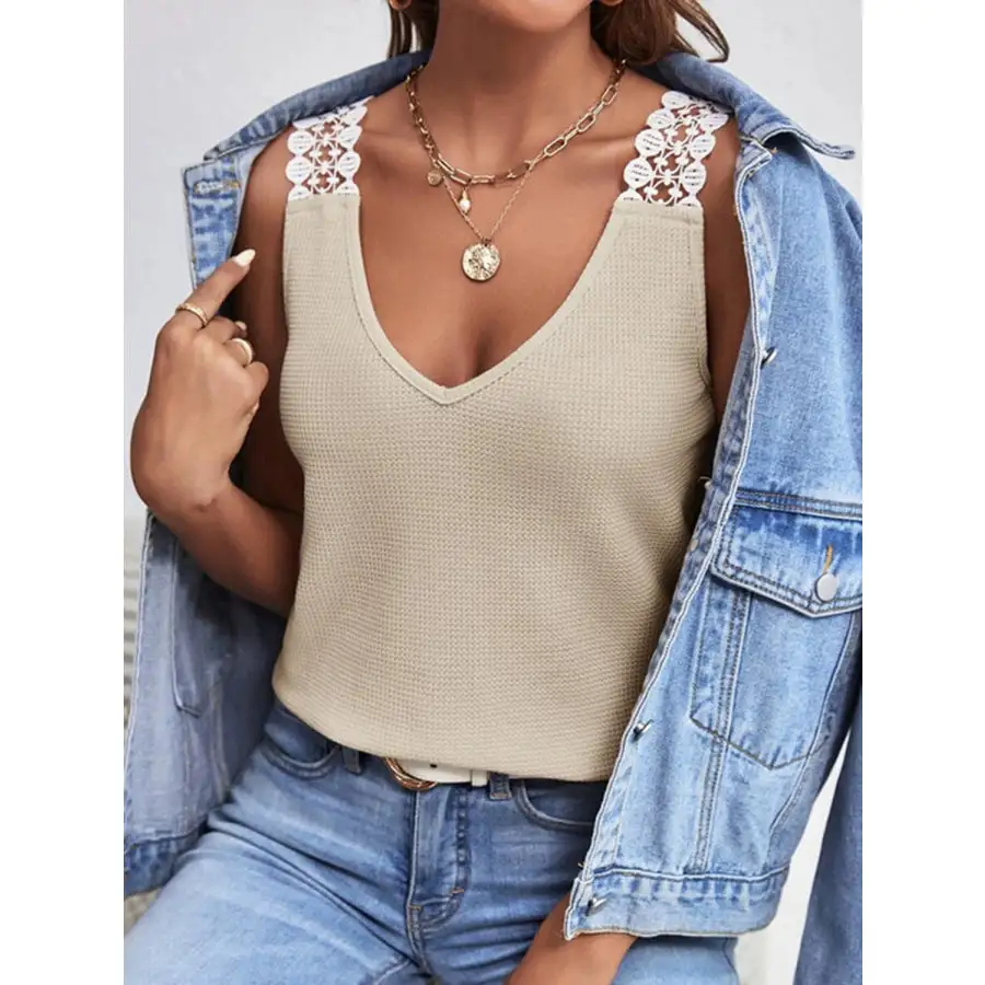 Lace Detail Waffle Knit V Neck Tank