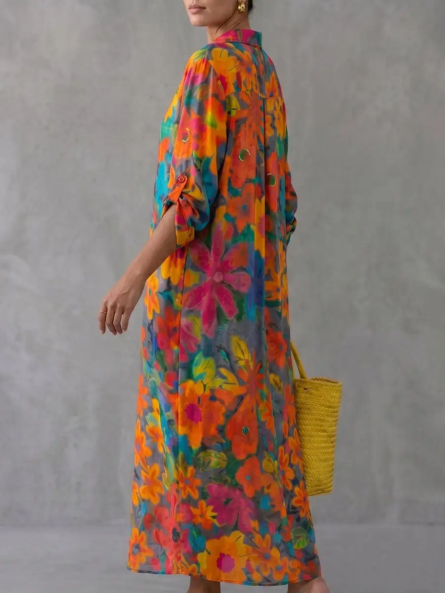 Floral Printed Buttoned Shirt Maxi Dress