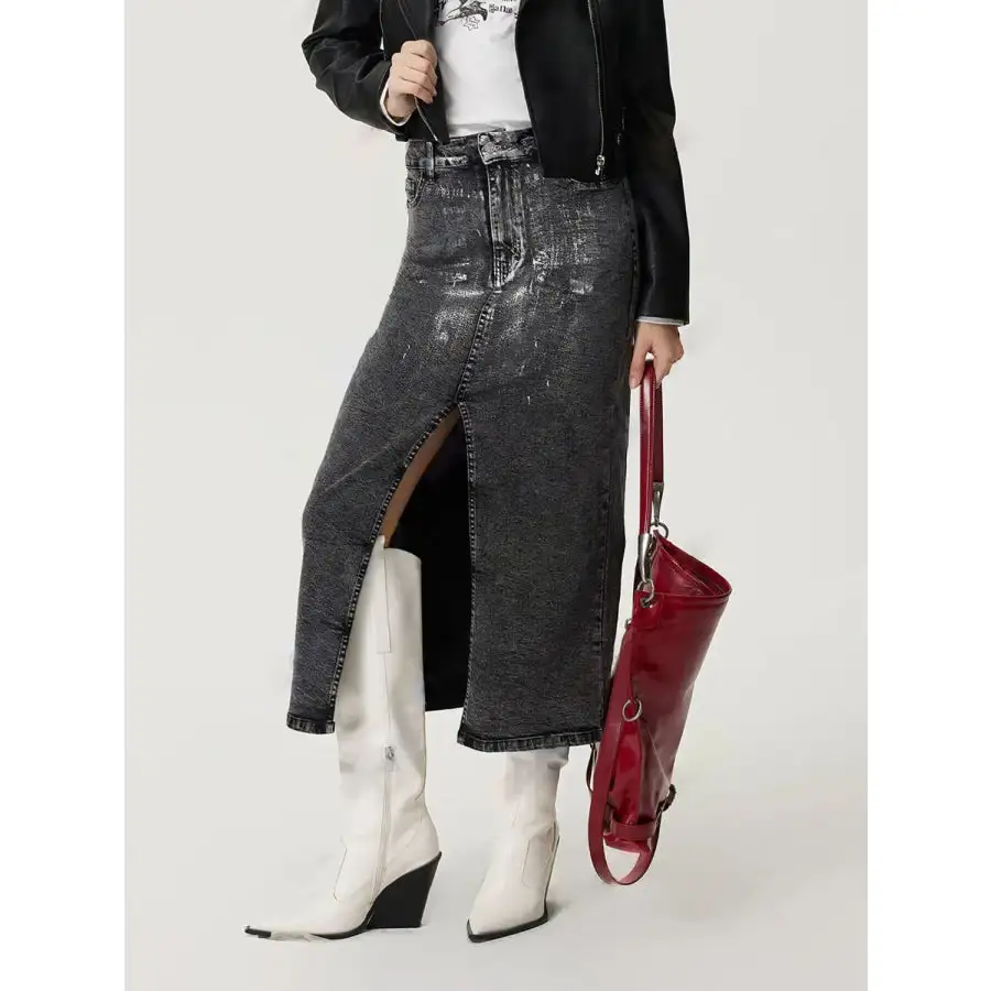 Everyday Slit Midi Denim Skirt with Pockets