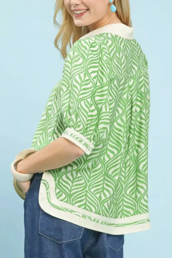 Geometric Leaf Print Contrast Band V-Notch Popover Top