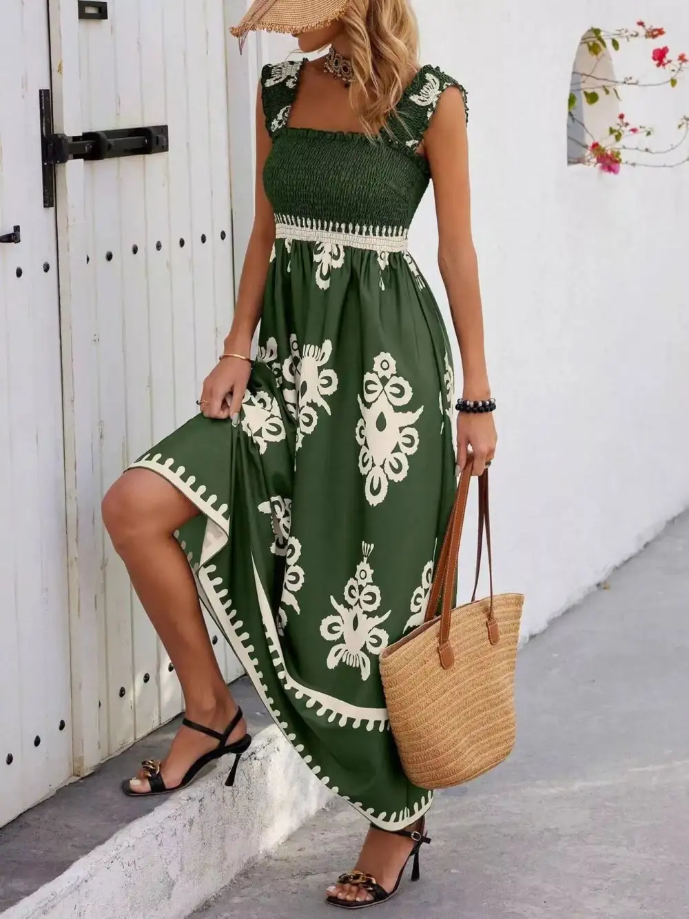 Printed Square Neck Smocked Maxi Dress