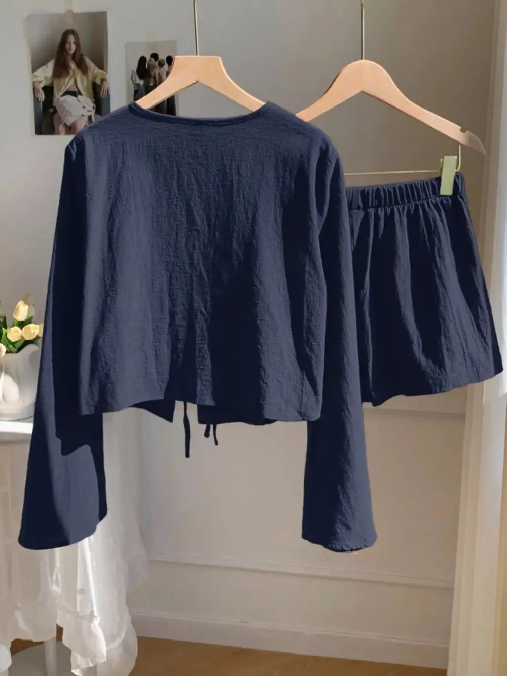 Embroidered Tie Front Top & Shorts Set