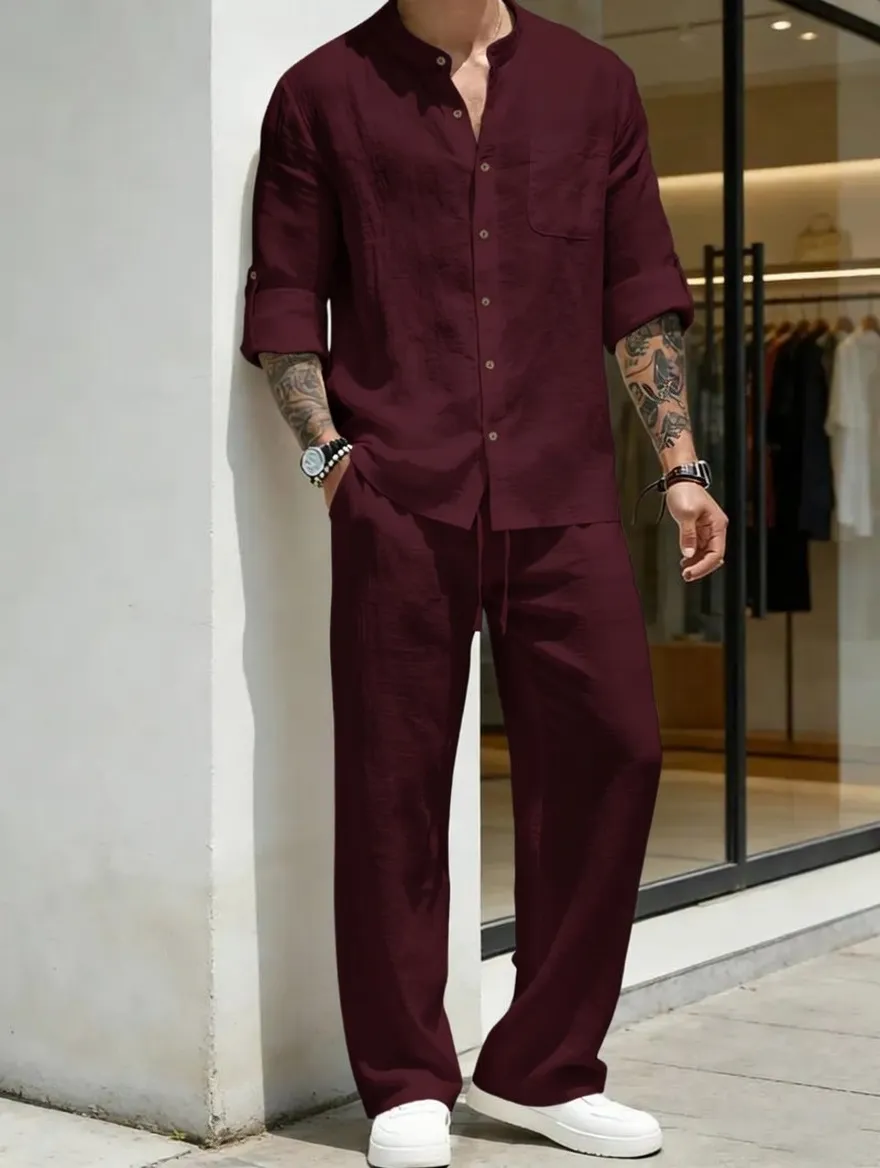 Men's Linen Stand Collar Long Sleeve Casual Suit