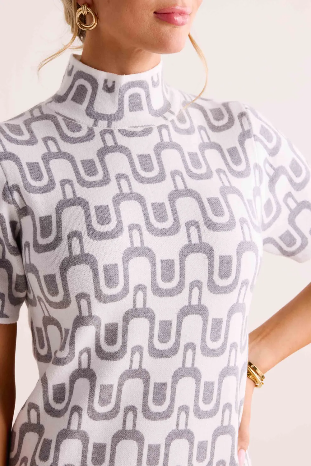 Cream Geometric Print High Neck Dress