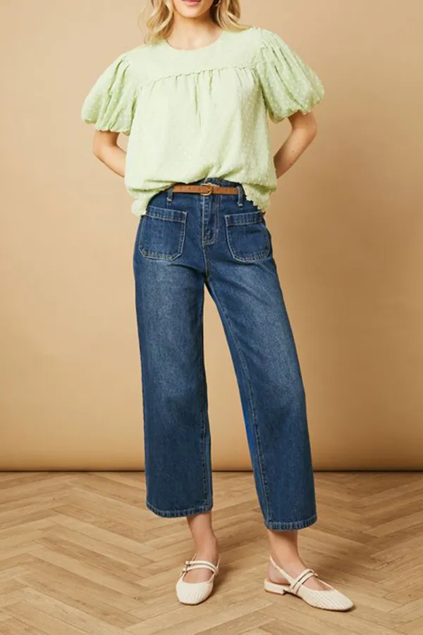 Casual Style Crew Neck Puff Sleeve Blouse