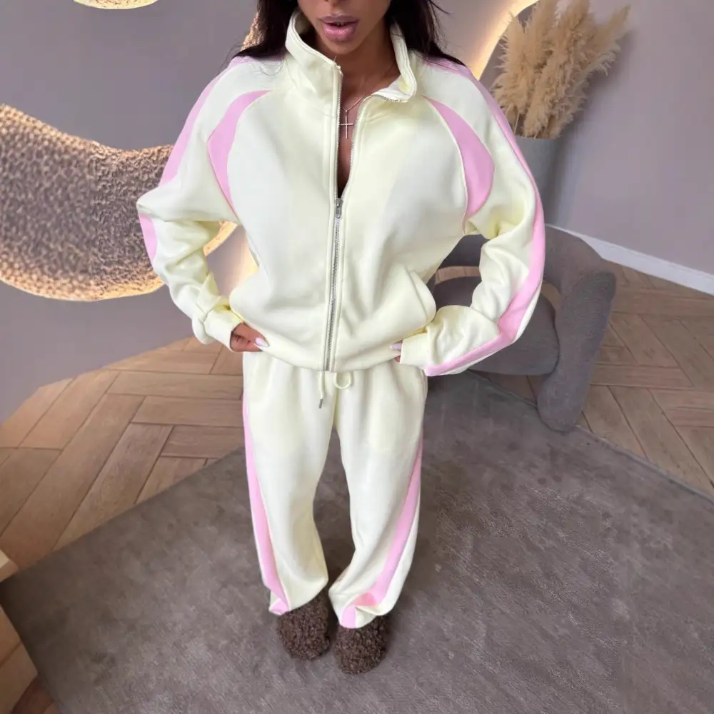 Zip-Front Long-Sleeve Checked Women's Matching Set