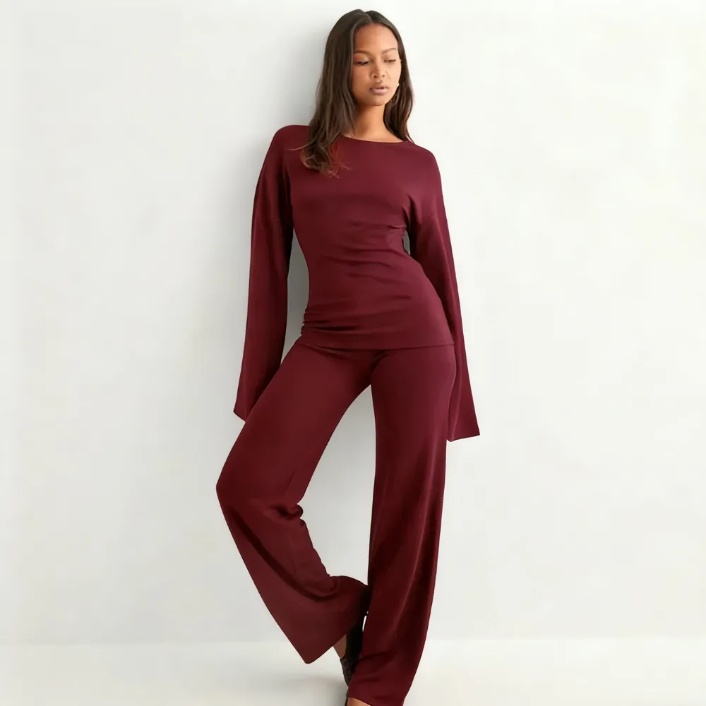 Women's Fall New Round Neck Flare Long Sleeve Top & Elastic Waist Straight Leg Pants Set
