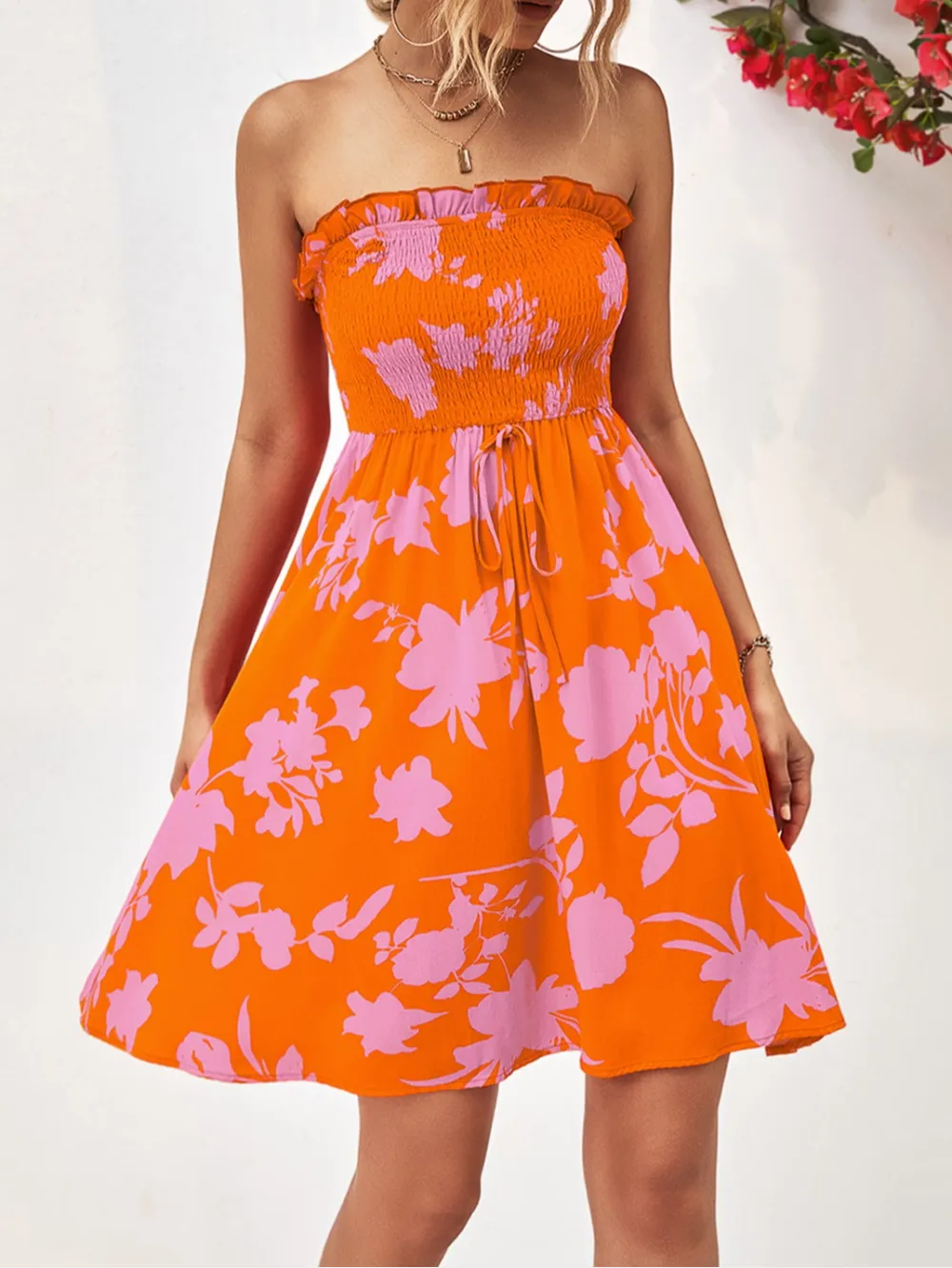 Floral Frill Trim Strapless Smocked Dress