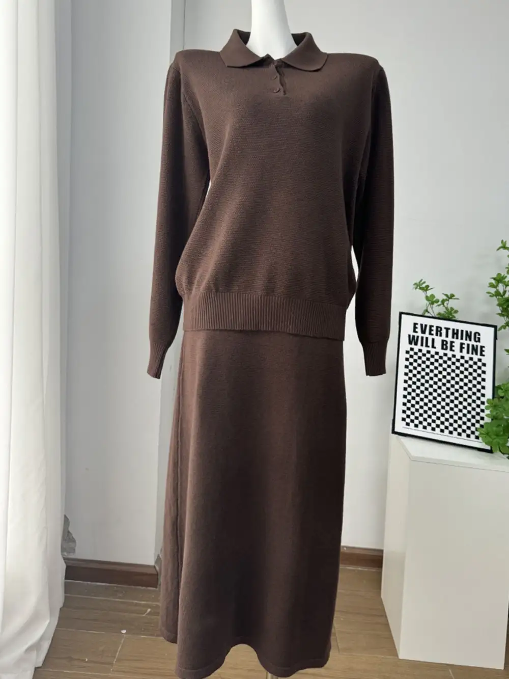 Polo Collar Top and Pants Or Skirt Knit Set