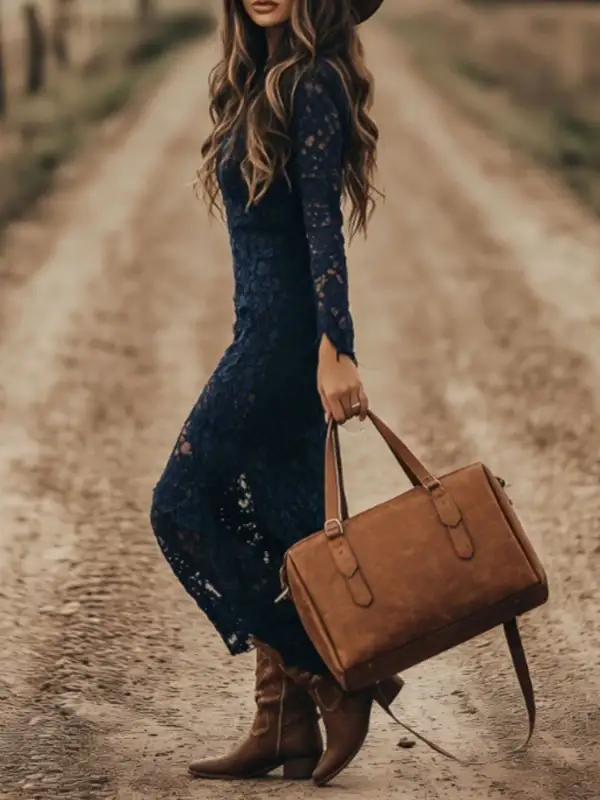 Drape Lace Long Sleeve Midi Dress
