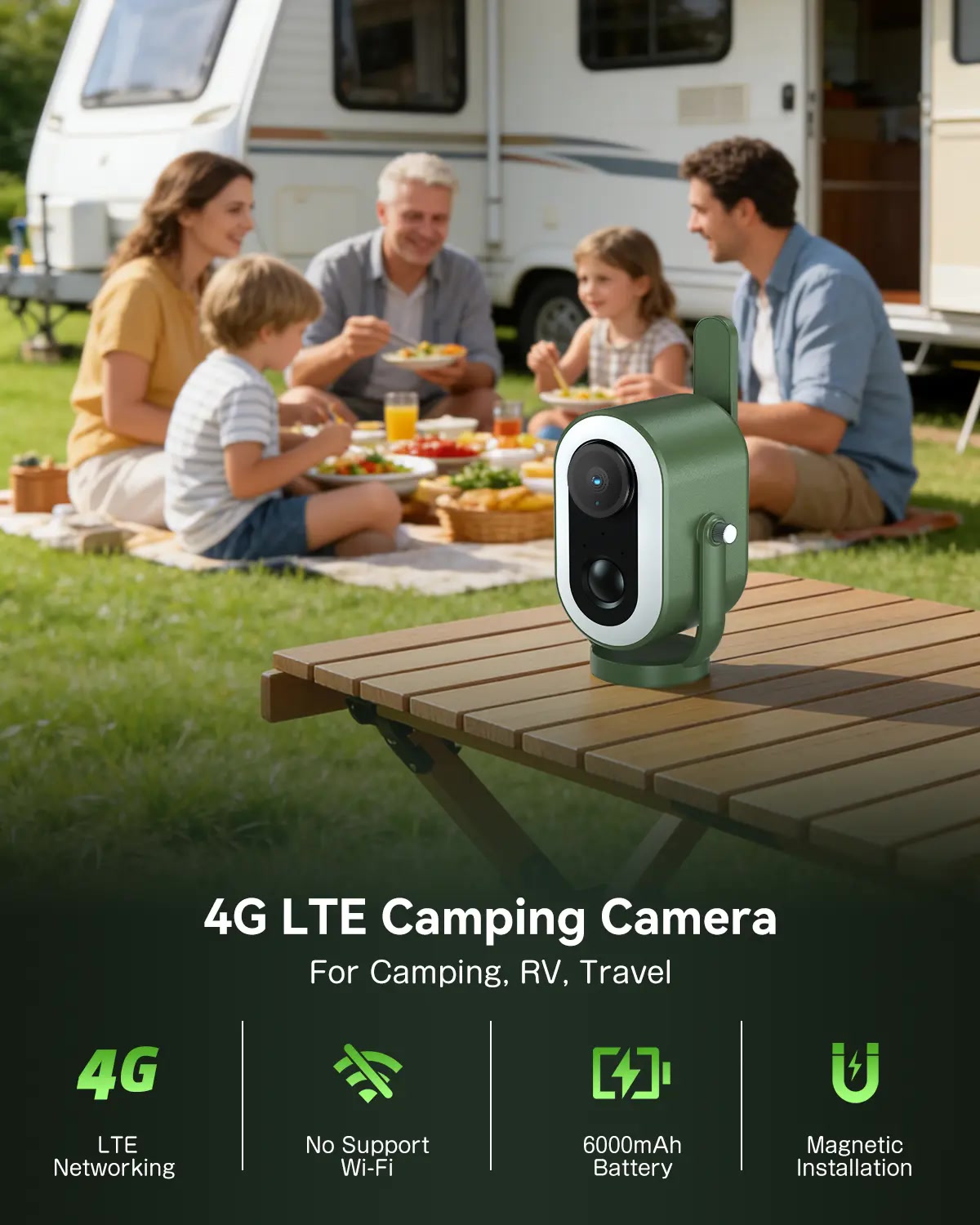 Portable camera beside a family campsite