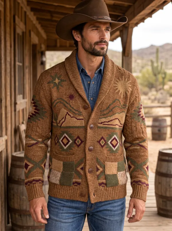 Dusty Trail Desert Landscape Frontier Look Men's Western Cardigan