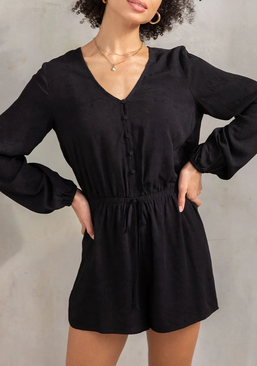 Half Button V-Neck Long Sleeve Romper