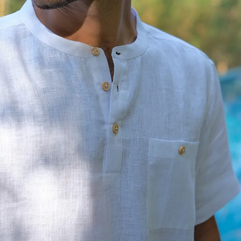 Pearl White Linen Band Collar Shirt