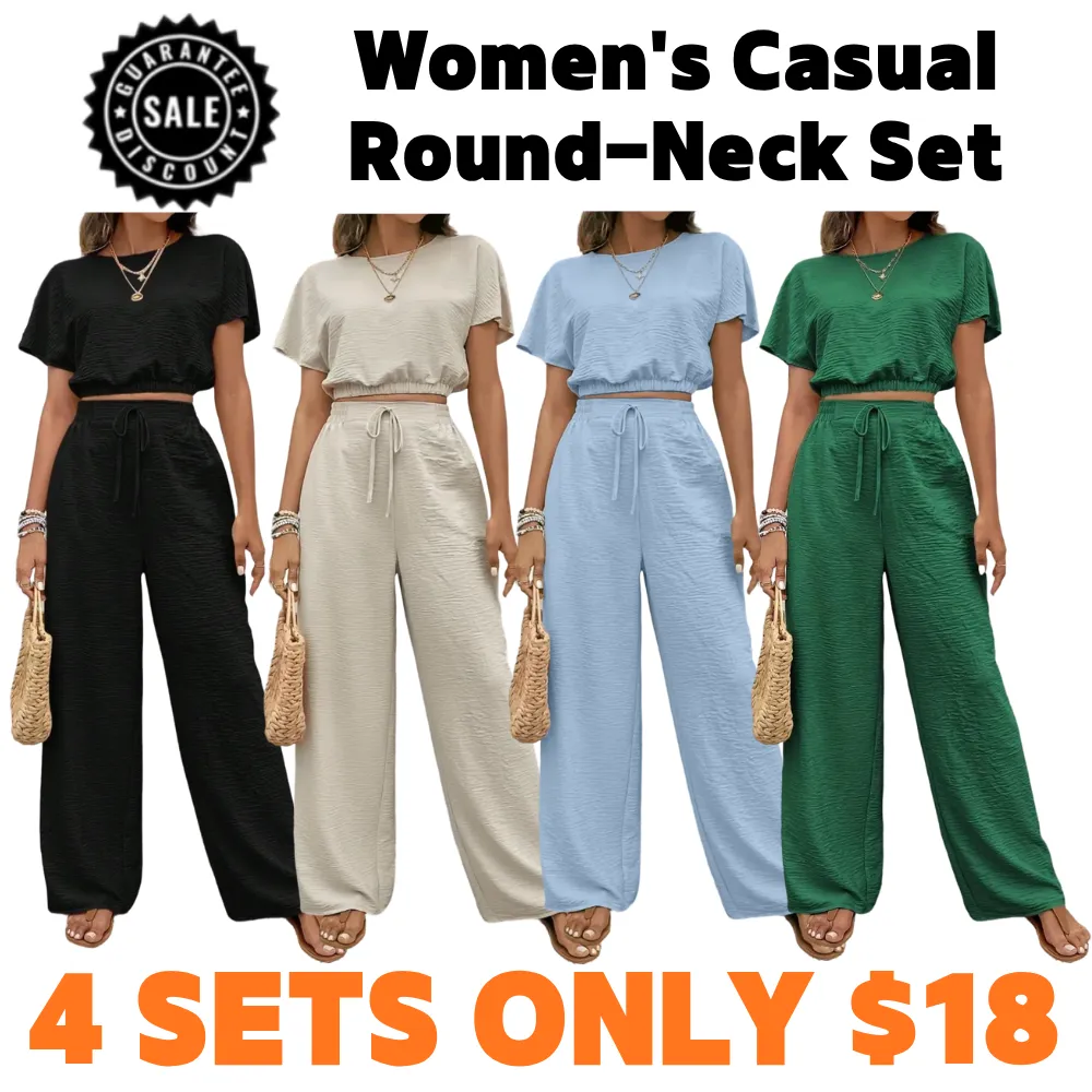 Women’s Casual Two-Piece Set – Round Neck Top & Wide-Leg Drawstring Pants