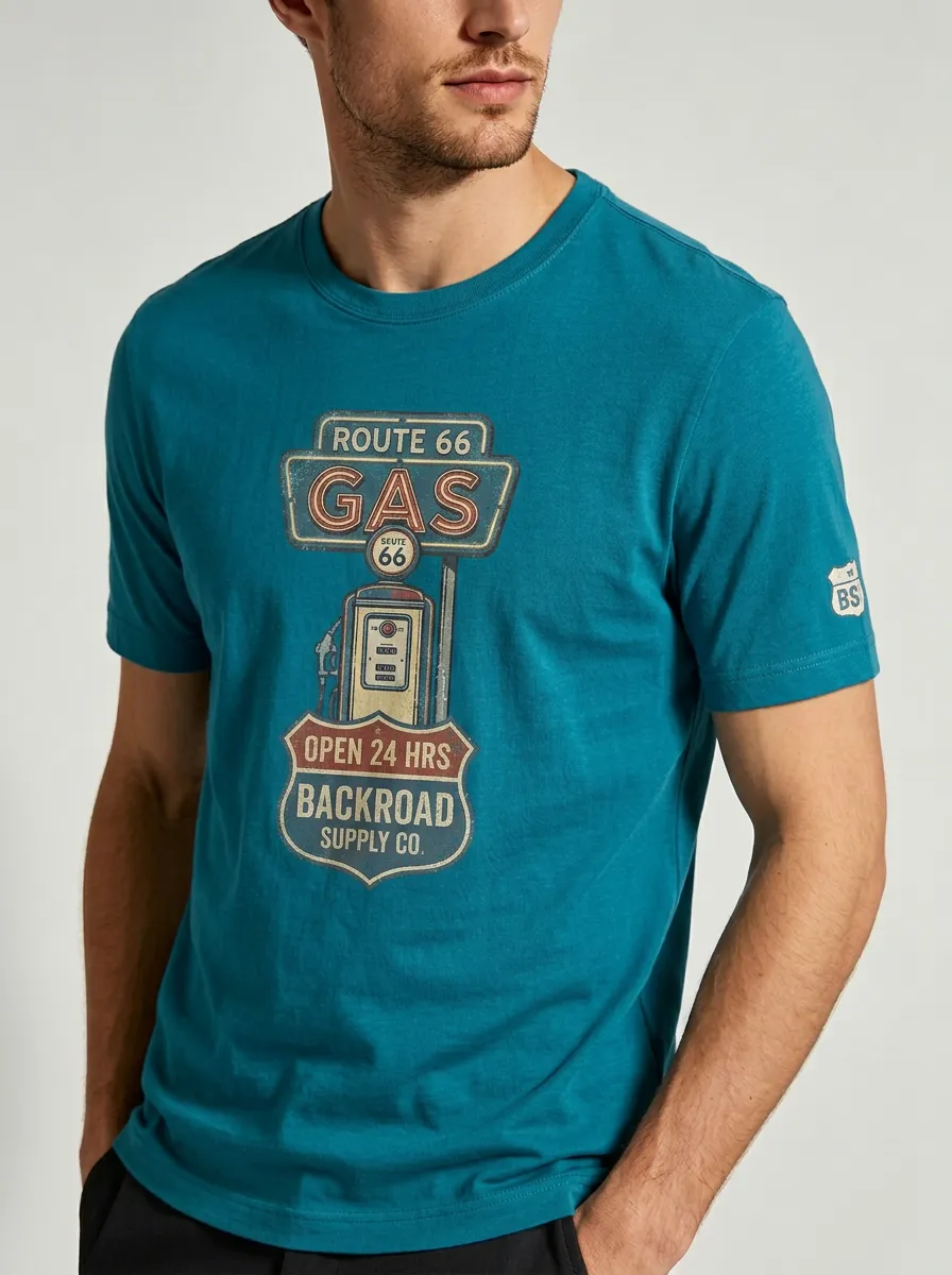 Men's Route 66 Gas Station Vintage Sign Printed T-shirt