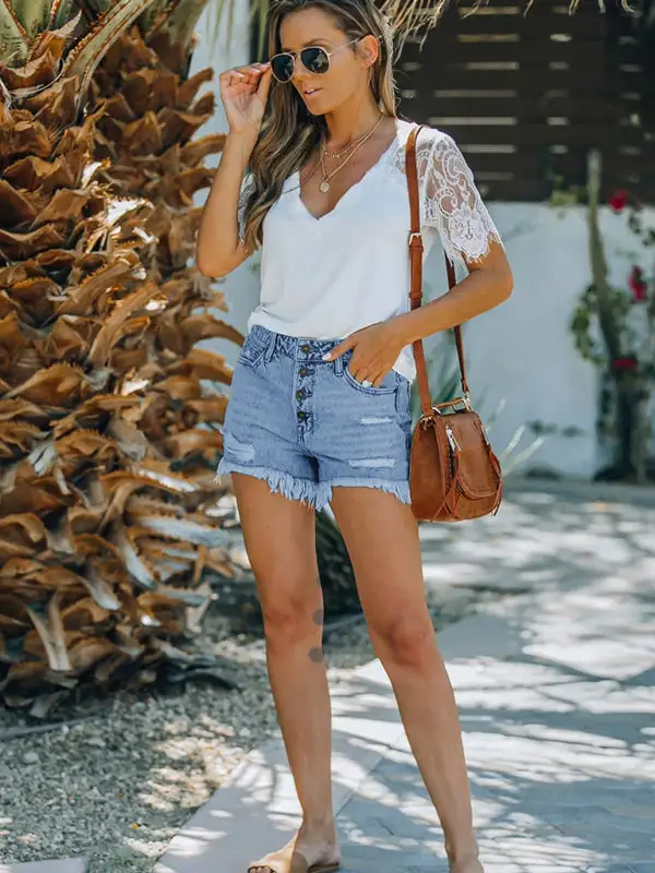 Mid Rise Ripped Washed Shorts Denim Pants