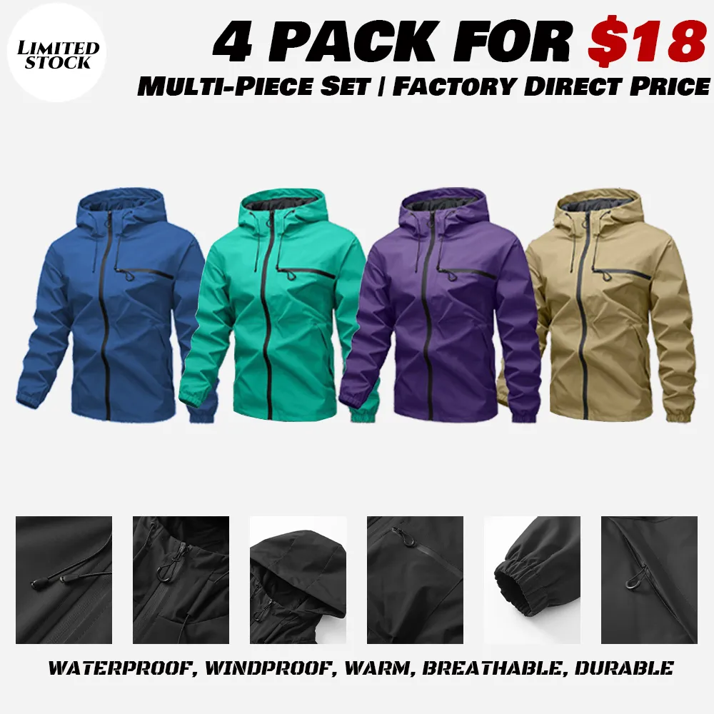 Men's Plain Waterproof Windproof Drawstring Zip Up Hooded Jacket, Casual Long Sleeve Zipper Pocket Design Outerwear for Outdoor Activities, Men's Clothes for All Seasons, Menswear m 65 jacket Stripe Print Baseball Bomber Jacket