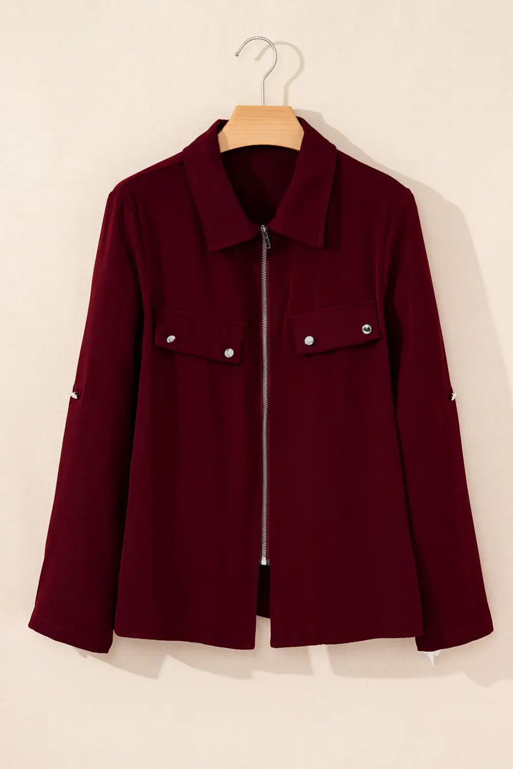 Dahlia Collar Tab Sleeve Zip-Up Flap Detail Jacket