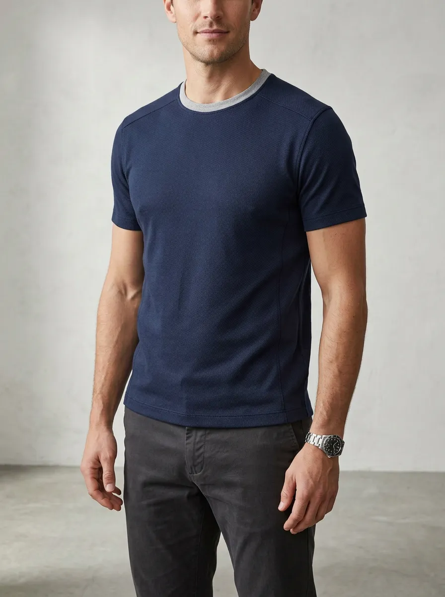 Streamlined Ribbed Textured Contrast Trim Layering Style Men's Slim Fit Short Sleeve T-Shirt