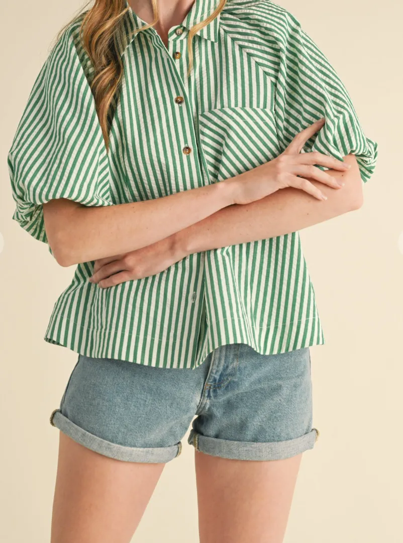 Chic Striped Bubble Sleeve Button Front Top