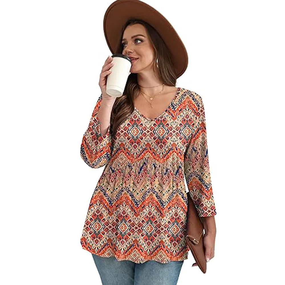Women's three-quarter sleeve V-neck babydoll top