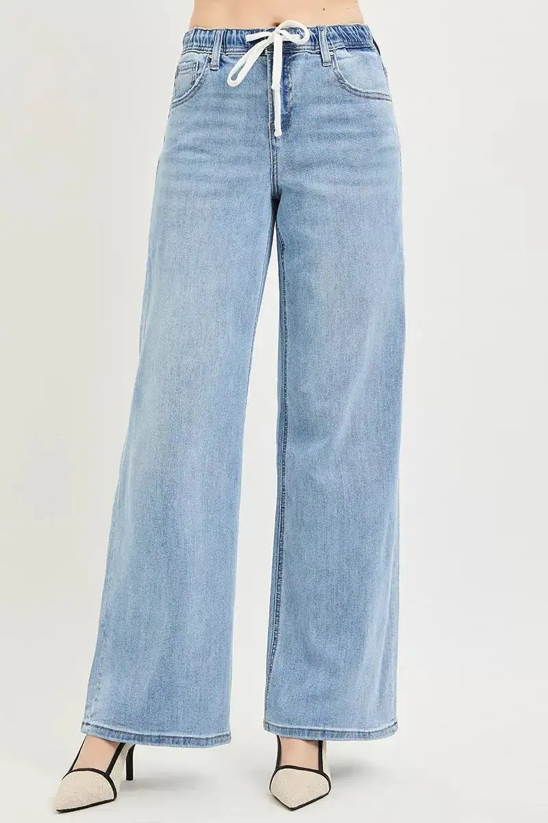 Drawstring Elastic Waist Wide Leg Jeans