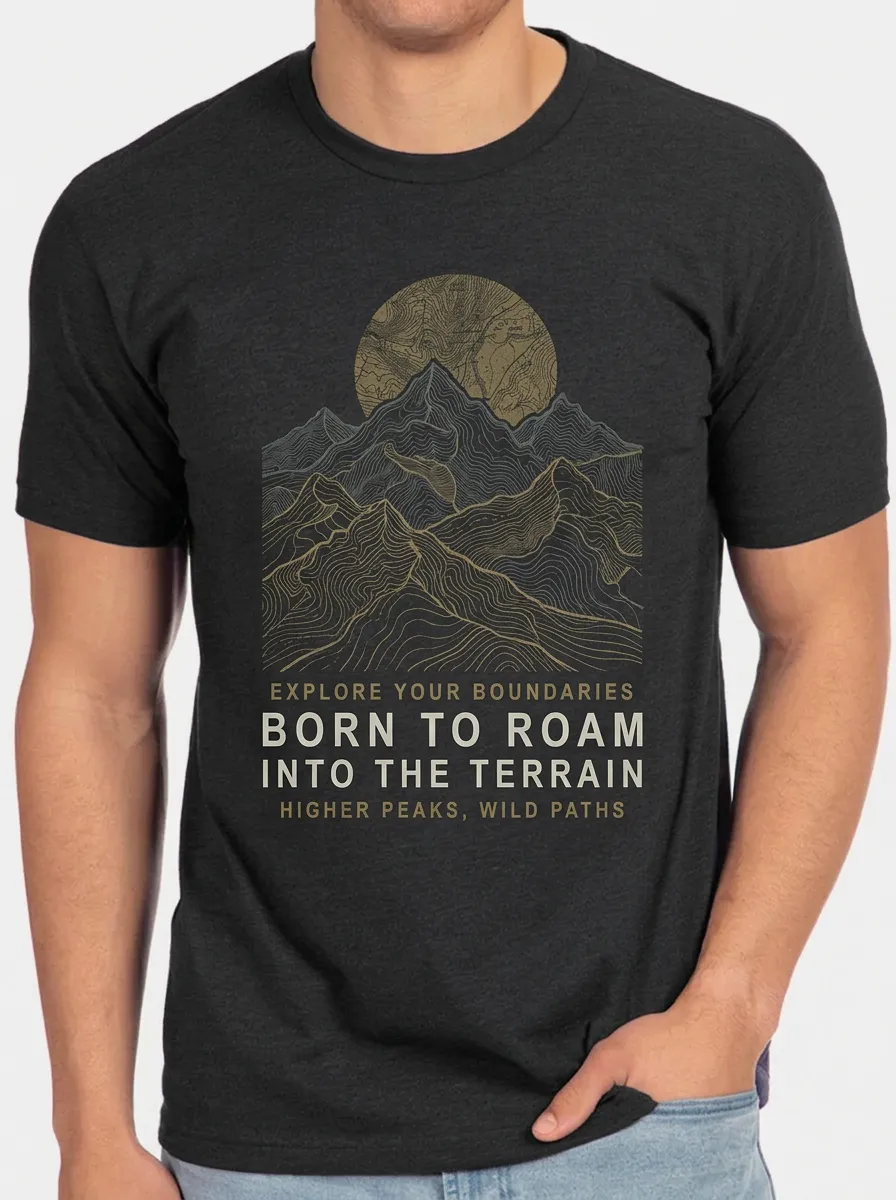 Men's Crewneck Backroad Explorer Hiking Adventure Mountain Topographic Graphic T-Shirt
