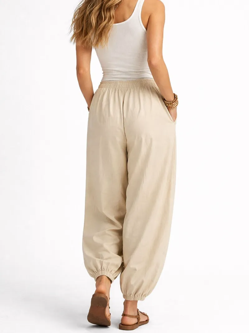 Solid Color Elastic Waist Drawstring Lantern Pants