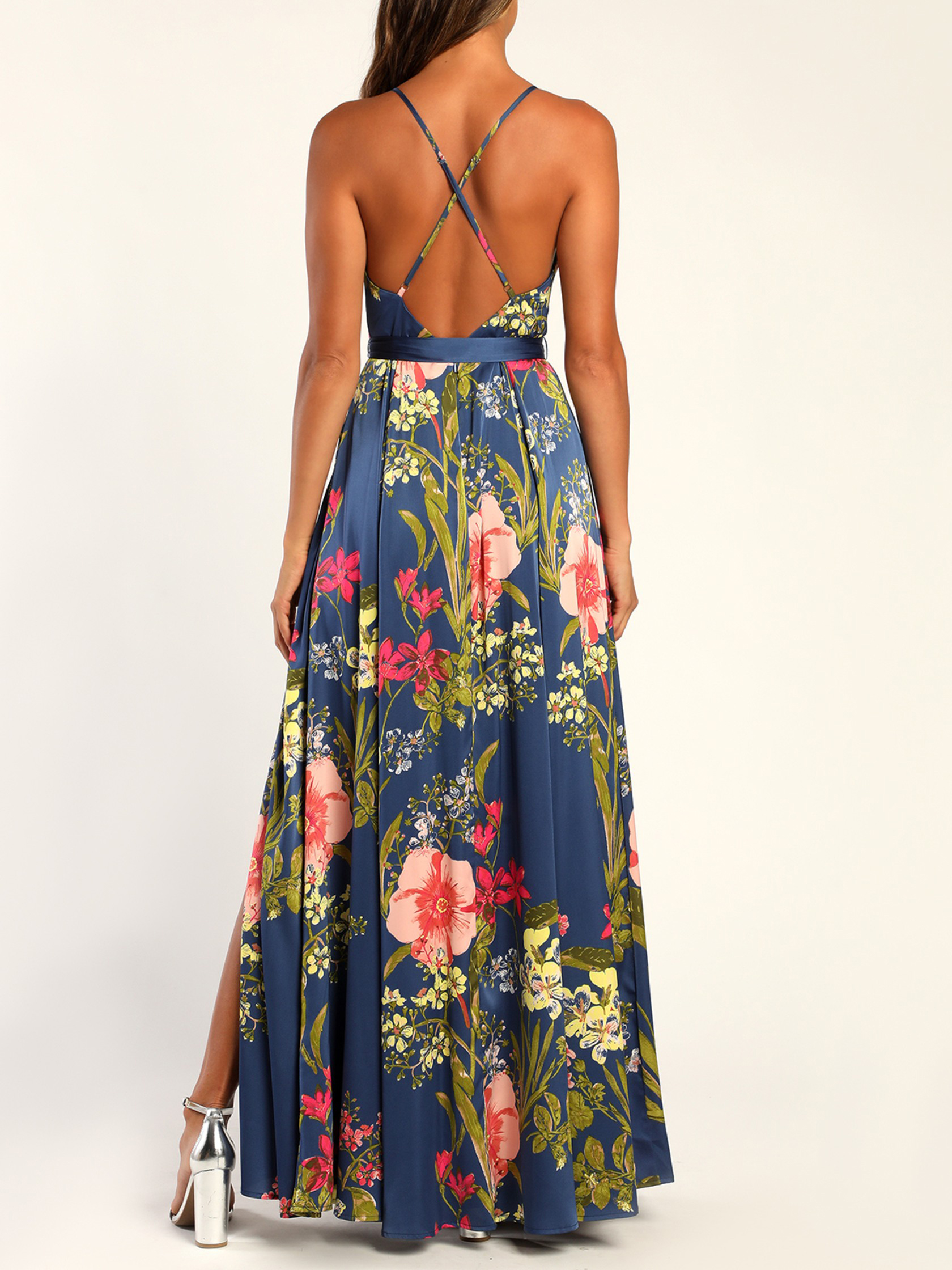 Red Floral Print Satin Maxi Dress