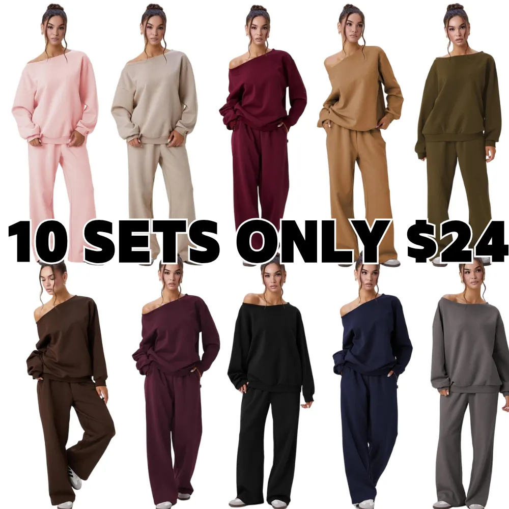 Women's Leisure Solid Color Sloping Shoulder Long Sleeve Top & Wide Leg Trousers