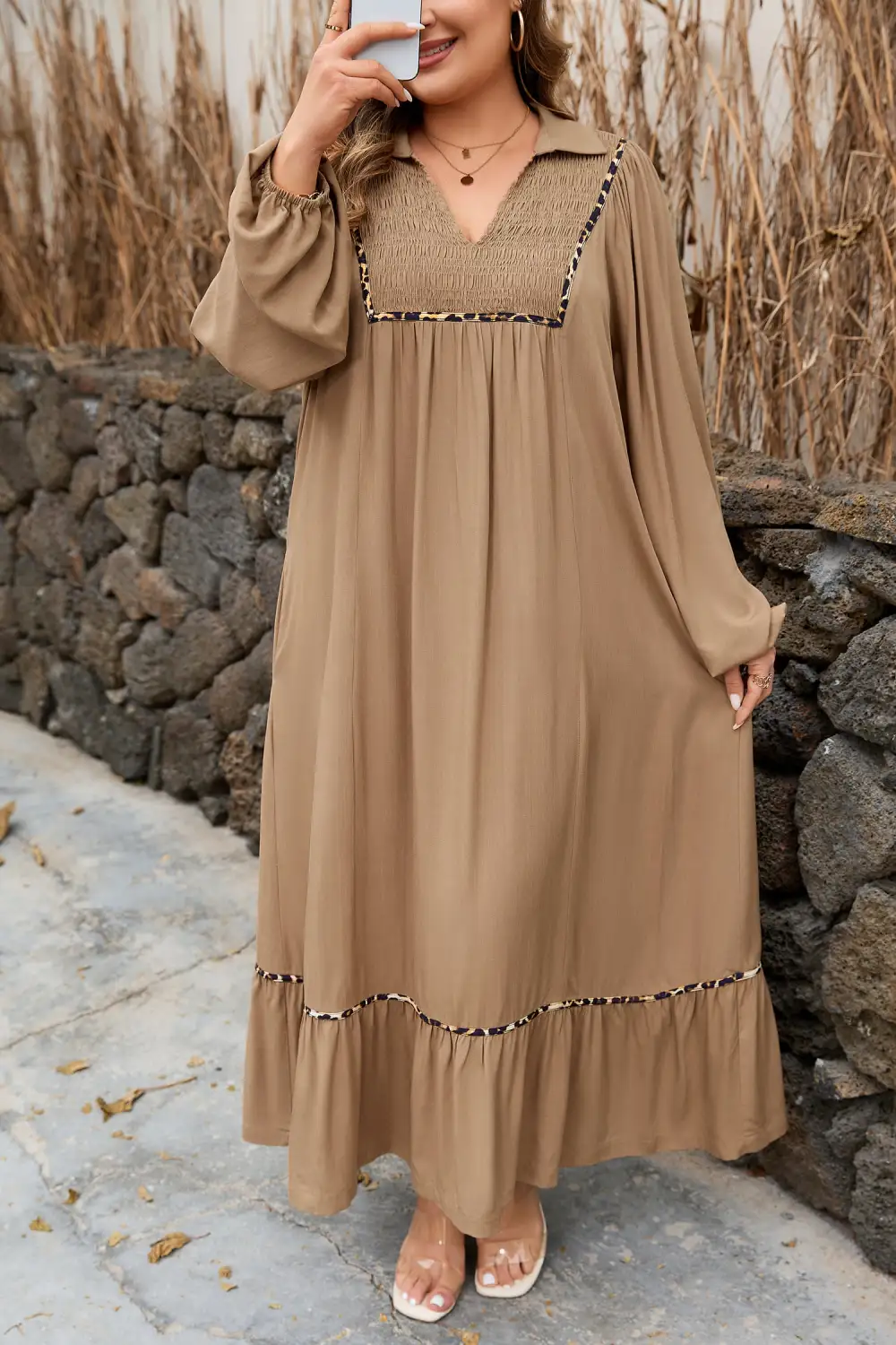 Finish Animal Print V Neck Smocked Dress