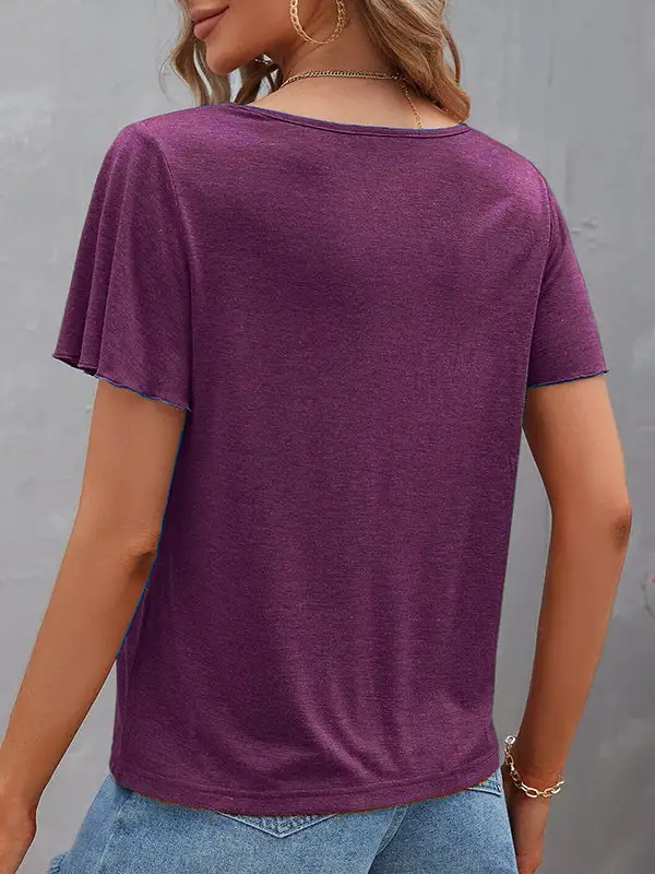 Relaxed Curve Fit Cutout Panel Detail V-Neck Polyester T-Shirt