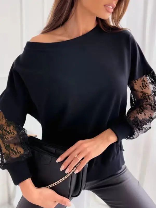 Long Sleeve Relaxed Mesh Panel Detail Round Neck T-Shirt