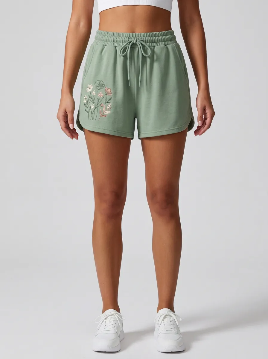 Women's Curved-Hem Floral-Embroidered Lounge Shorts