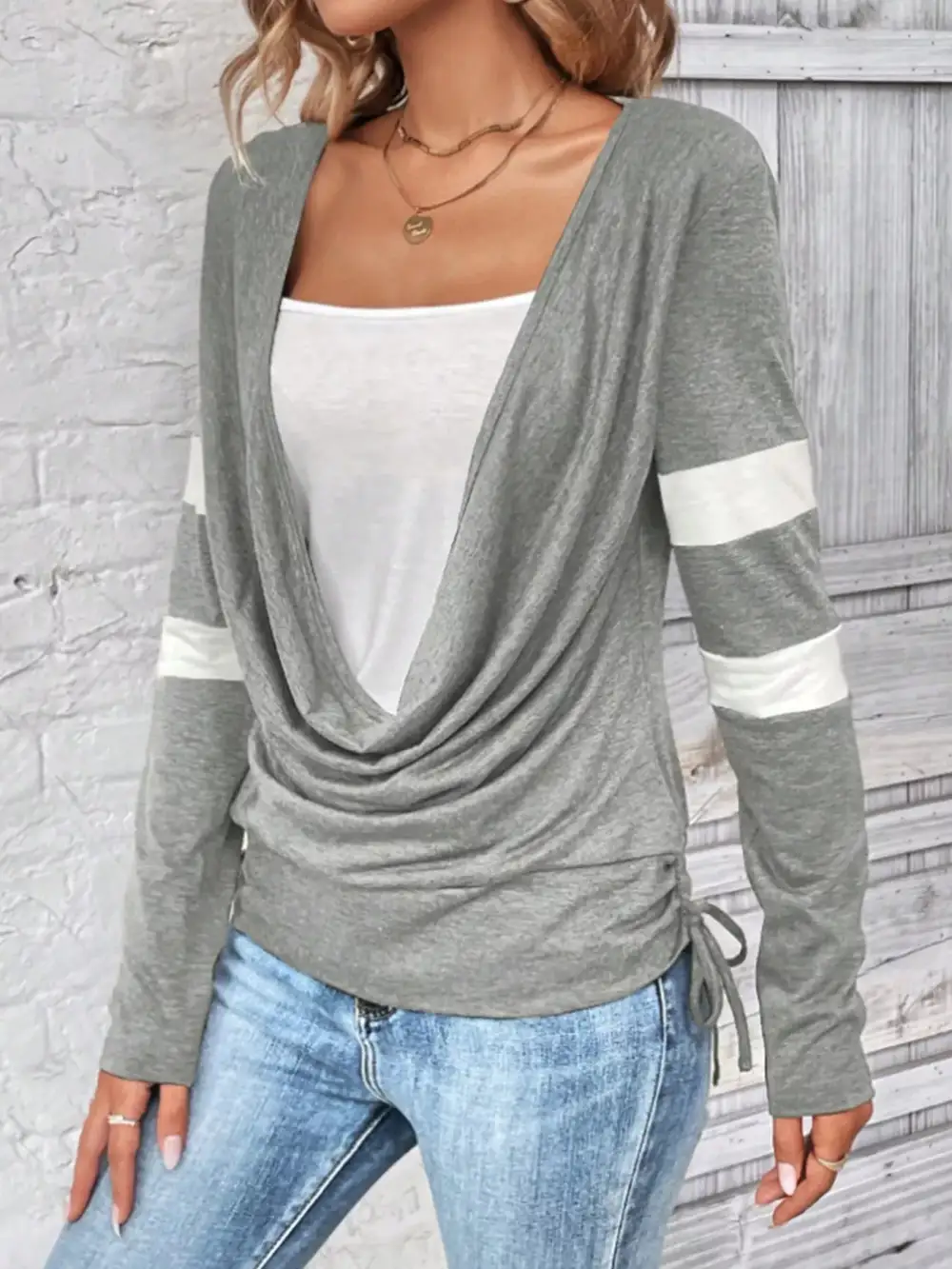 Cowl Neck Long Sleeve Fake Two-Piece T-Shirt
