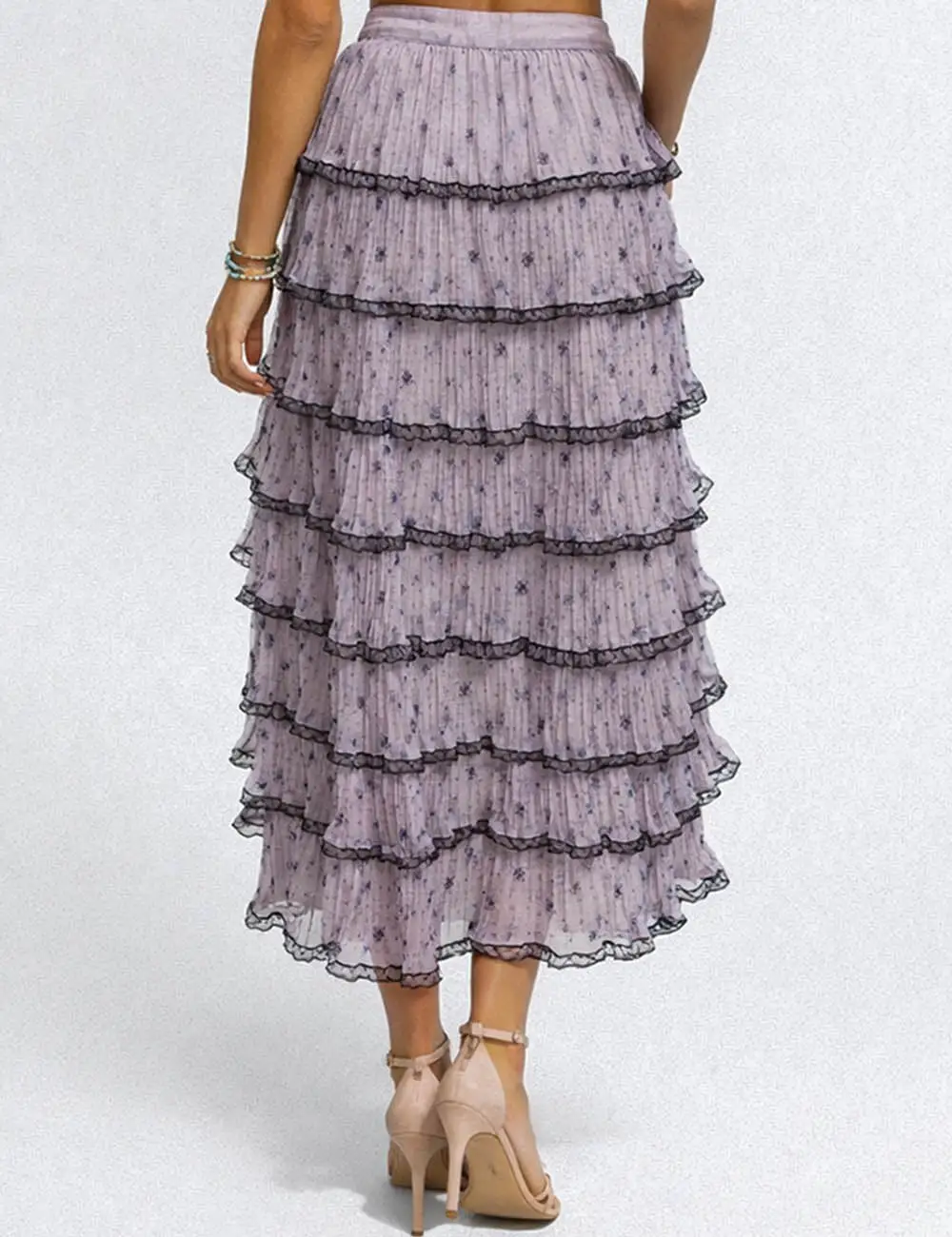 Color Block Tiered Ruffle Hem Mesh Maxi Skirt