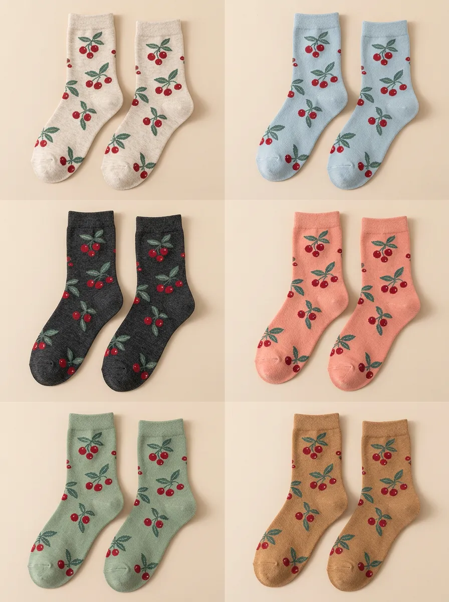 Women's Cherry Print Ribbed Mid Calf Crew Socks Three Pair Set