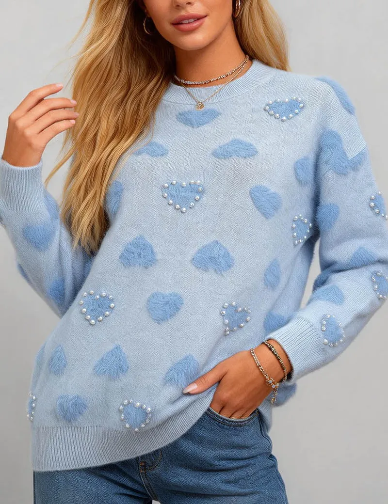 Valentine Heart Pattern Round Neck Bead Sweater