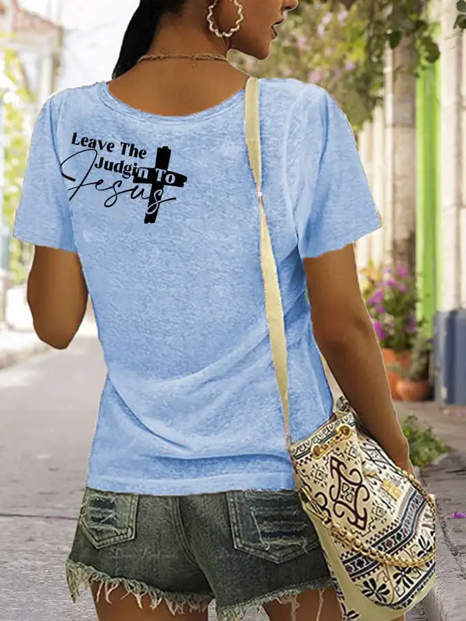Women's Faith Cross Leave The Judgin To Jesus V-Neck T-Shirt