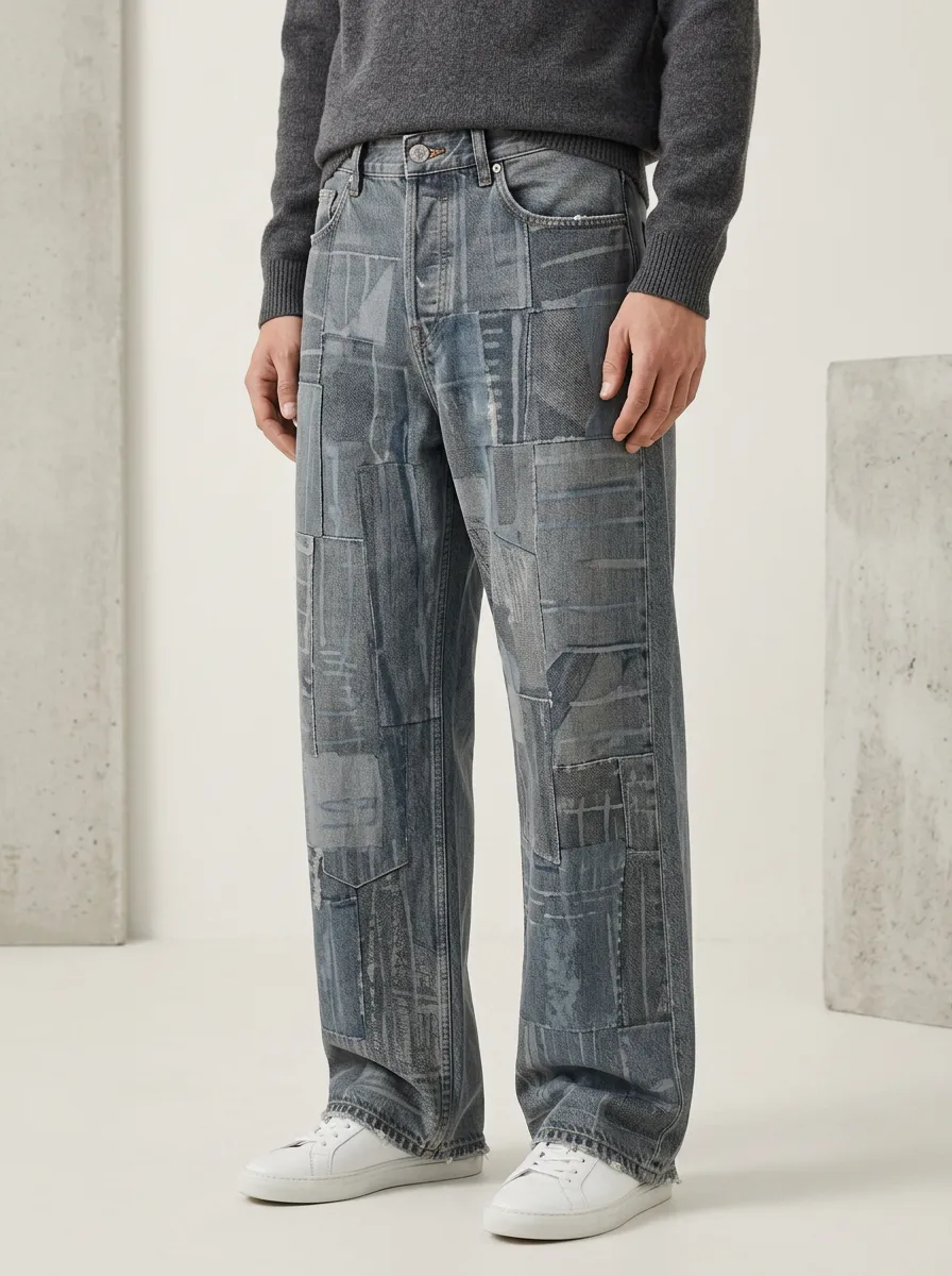 Wide Leg Patchwork Men's Loose Fit Jeans