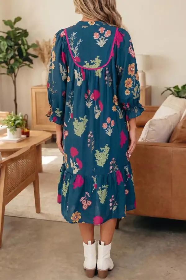 Print Gathered Neckline Sleeve Casual Midi Dress