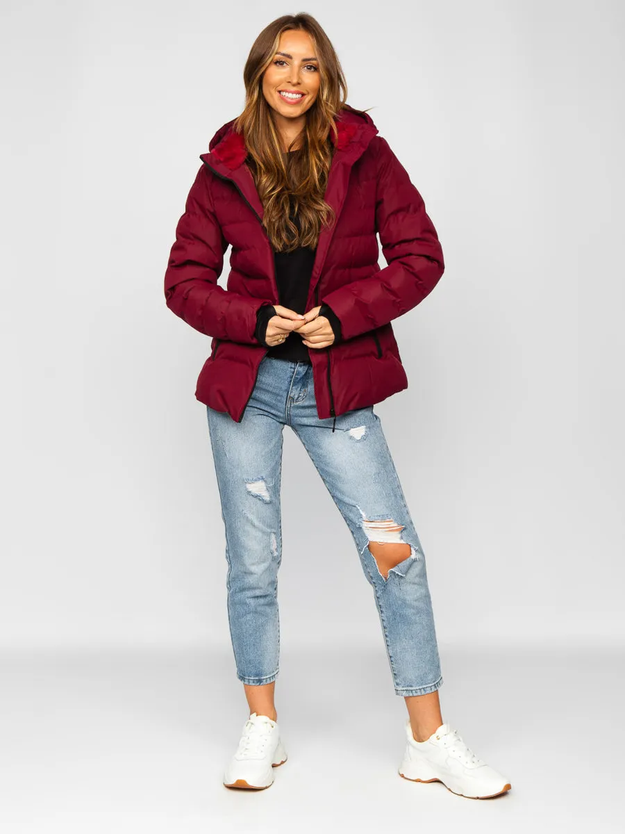 Wine Women's Quilted Winter Jacket With Hood