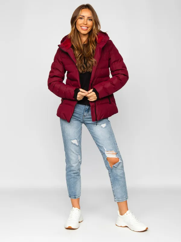 Wine Women's Quilted Winter Jacket With Hood