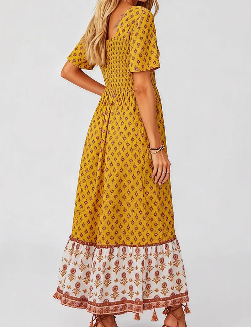 Boho Square Neck Short Sleeves Maxi Dress