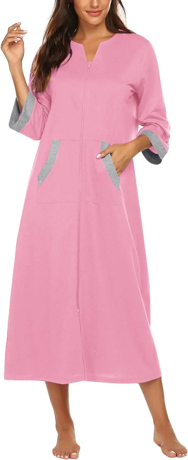 50% OFF Women Zipper Robe 3/4 Sleeves Loungewear Dress Full Length Sleepwear Pockets Housecoat Nightgown Long Bathrobe